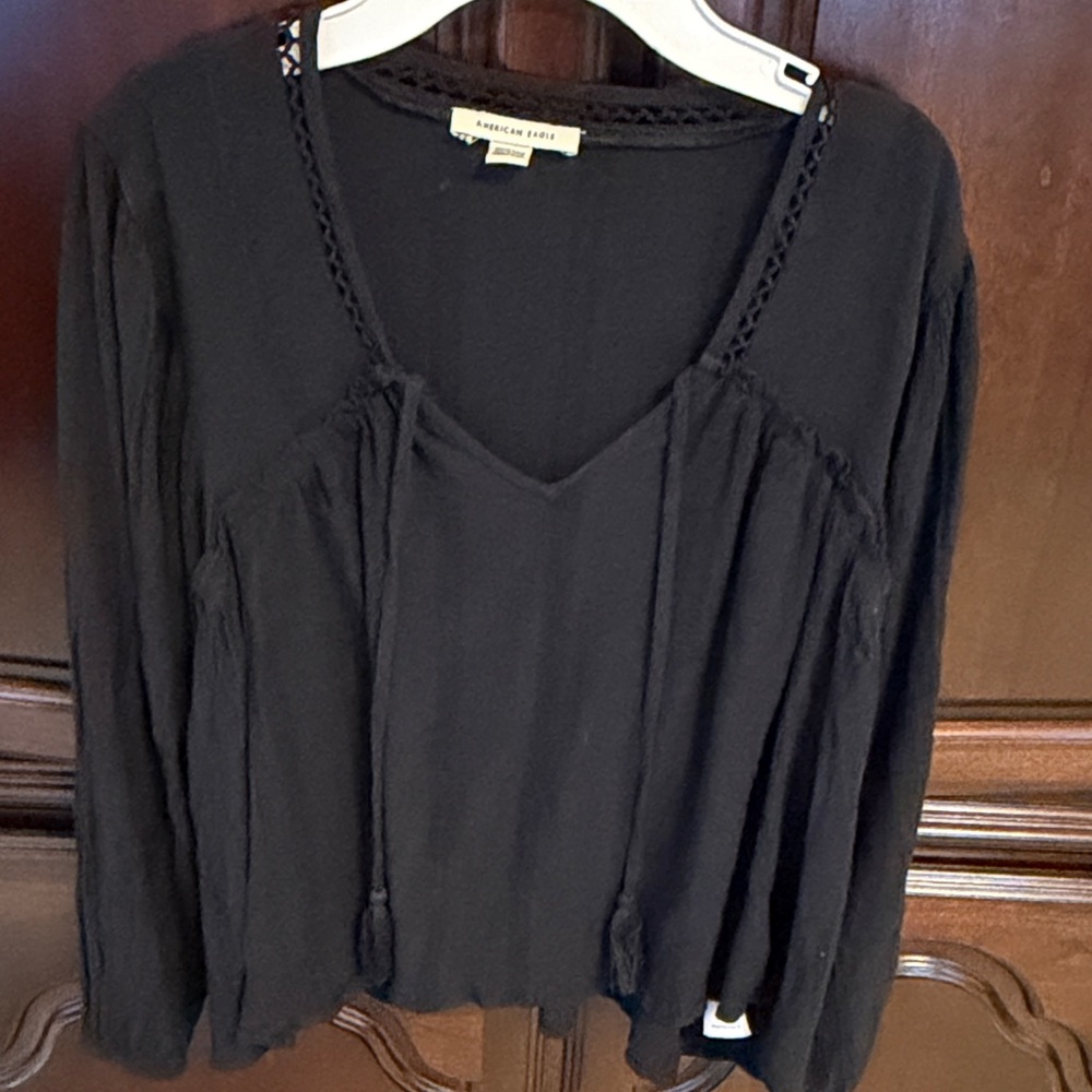 American Eagle Outfitters Black V-Neck Peasant Blouse with Tassels